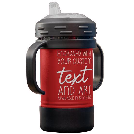 Custom Engraved 10 oz Red Sippy Cup with Handles and Your Message and Art or Logo