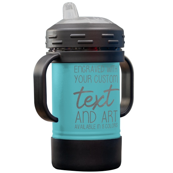 Custom Engraved 10 oz Teal Sippy Cup with Handles and Your Message and Art or Logo