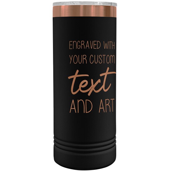 Custom Engraved 22 Oz Black And Rose Gold Skinny Coffee Tumbler With Your Text And Art