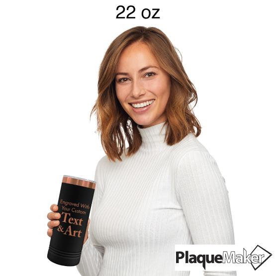 Woman Holding 22 Oz Black With Gold Skinny Tumbler To Show Size