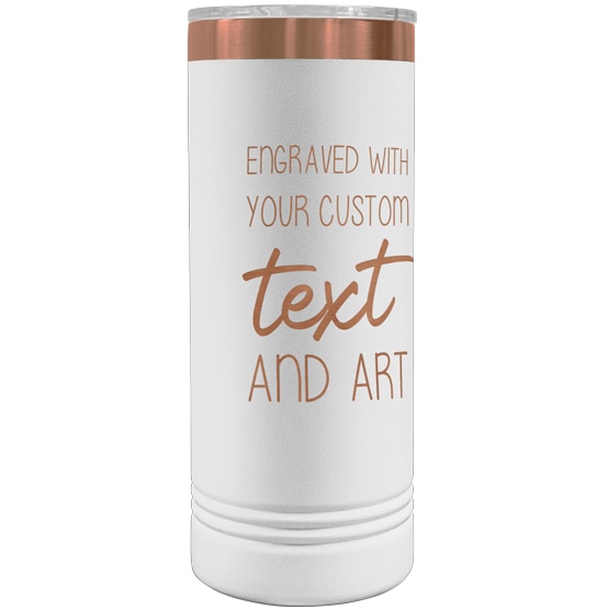 Custom Engraved 22 Oz White And Rose Gold Skinny Coffee Tumbler With Your Text And Art