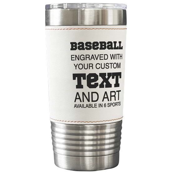 Custom Coffee Tumbler With Baseball Faux Leather Design Featuring Baseball Text And Customization Options