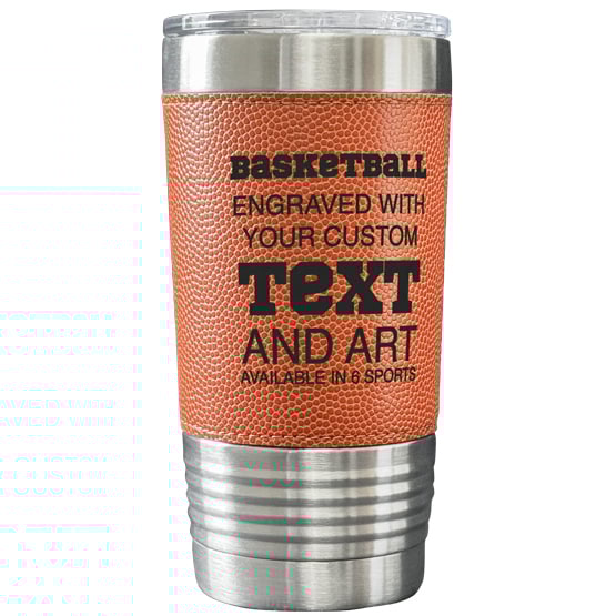Custom Basketball Wrapped Coffee Tumbler With Stainless Steel And Faux Leather Design Featuring Customization Options