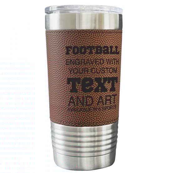 Custom Football Coffee Tumbler Wrapped In Faux Leather Featuring Sport Name And Customization Options