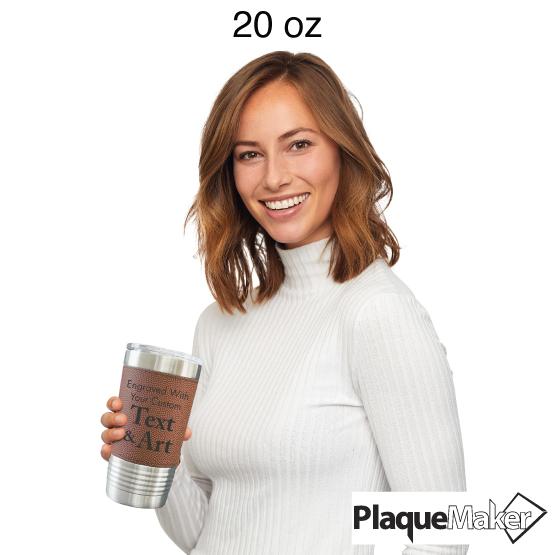 Woman Holding A 20 Oz Custom Football Tumbler To Demonstrate Size Of Cup.