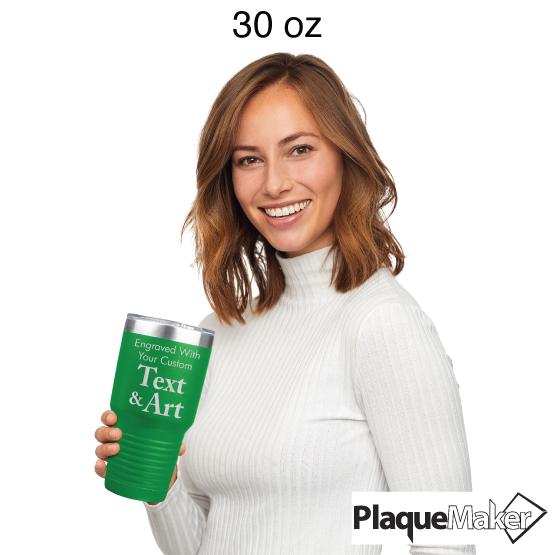 Custom Engraved 30 oz Green Tumbler Size Guide showing a woman holding the 30 oz size