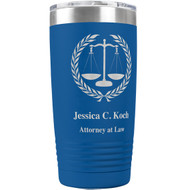 Custom Coffee Tumbler - Lawyer Gift, Scales of Justice with Name. Choose from 17 colors. Holds 20 oz of liquid.