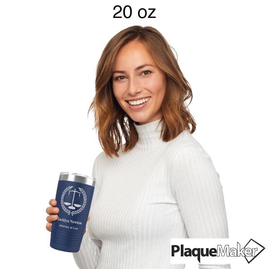 Woman holding a Custom Navy Scales of Justice Tumbler showing the size of the 20 oz tumbler.