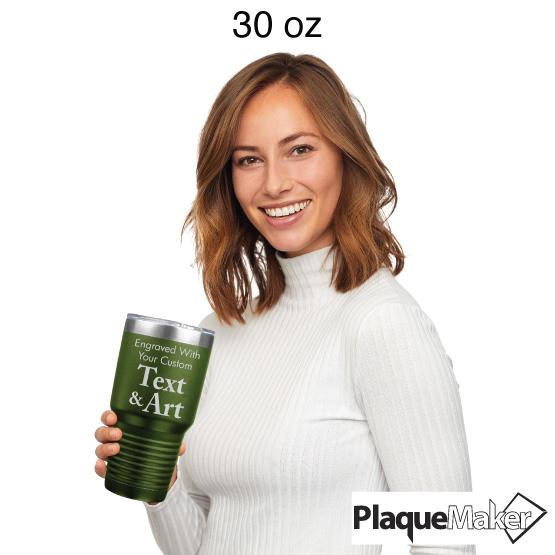 Custom Engraved 30 oz Olive Green Tumbler Size Guide showing a woman holding the 30 oz size