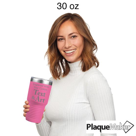 Custom Engraved 30 oz Pink Tumbler Size Guide showing a woman holding the 30 oz size