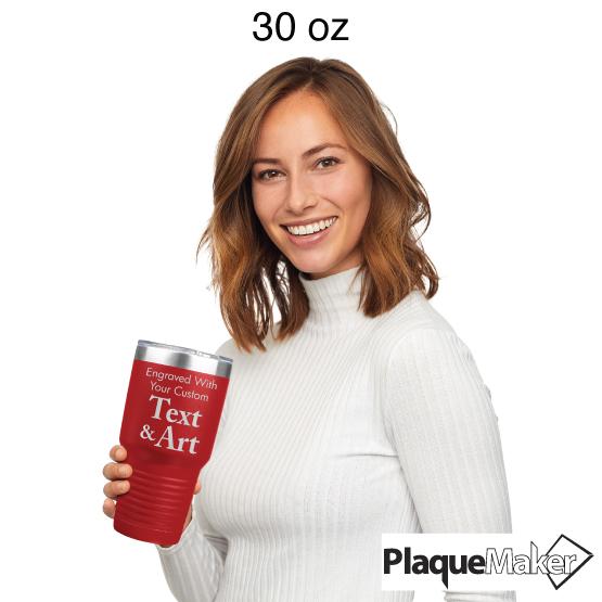 Custom Engraved 30 oz Red Tumbler Size Guide showing a woman holding the 30 oz size