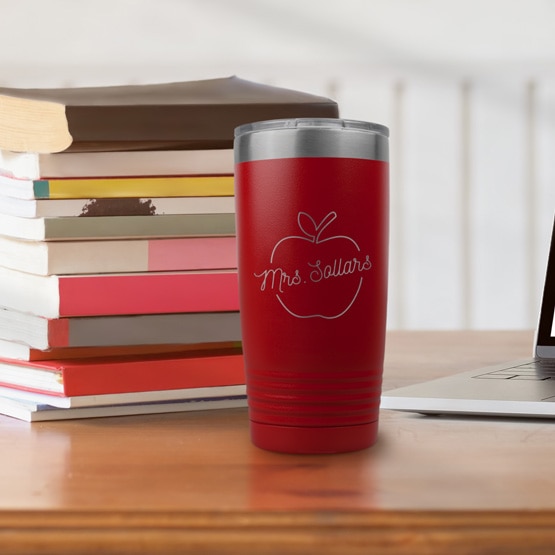 Teacher Apple Red Tumbler on Desk