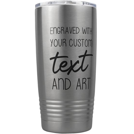 Custom Engraved 20 oz Silver Tumbler with Your Message and Art or Logo.