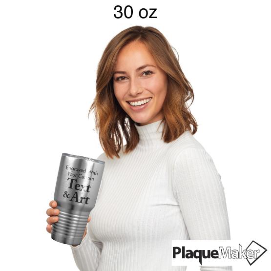 Custom Engraved 30 oz Silver Tumbler Size Guide showing a woman holding the 30 oz size