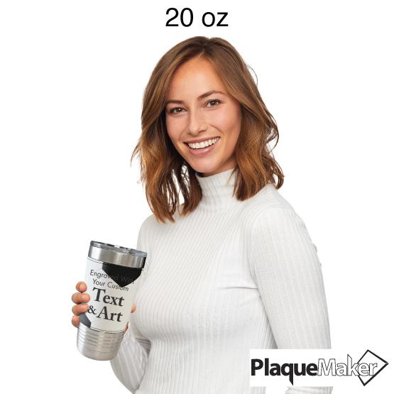 Woman Holding A 20 Oz Custom Soccer Tumbler To Demonstrate Size Of Cup.