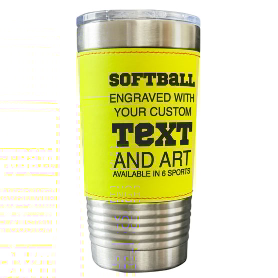 Custom Coffee Tumbler Wrapped In Yellow Softball Faux Leather Design Featuring Sport Name And Customization Options