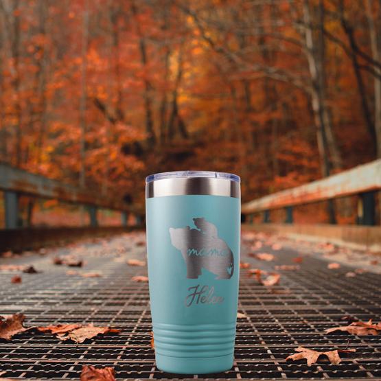 Mama Bear Teal Tumbler on Table