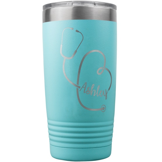 Customizable 20 oz. Feminine Nurse, Doctor, or Healthcare Worker Teal Stethoscope with Heart Tumbler, Stainless Steel | 3.375x 6.875, PlaqueMaker