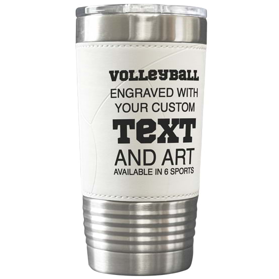 Custom Stainless Steel Coffee Tumbler Wrapped In Faux Leather With Volleyball Theme Featuring Customization Options