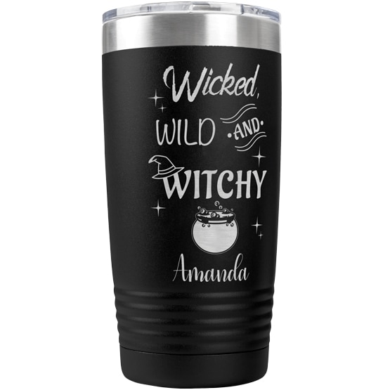 Custom Black Tumbler With Wicked Wild And Witchy Text And Cauldron Art And Custom Name And Clear Lid