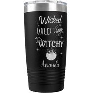 Custom Black Tumbler With Wicked Wild And Witchy Text And Cauldron Art And Custom Name And Clear Lid