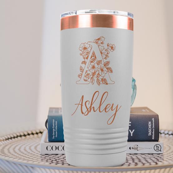 Custom Engraved 20 Oz Coffee Tumbler In White With Gold Engraving On Side Table
