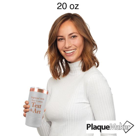 Woman Holding Custom 20 Oz White With Gold Engraving Coffee Tumbler To Show Size