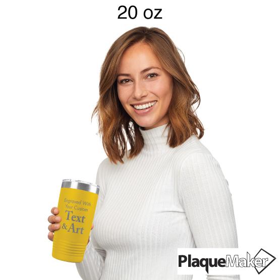 Custom Engraved 20 oz Yellow Tumbler Size Guide showing 20 oz size