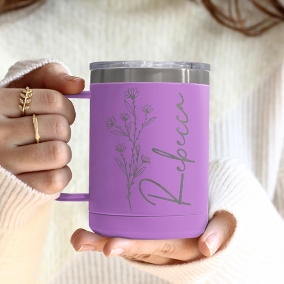 Custom Engraved 15 oz Light Purple Tumbler Mug being held by a woman with a sample engraving for Rebecca