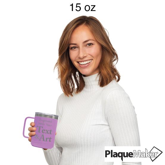 Custom Engraved 15 oz Light Purple Tumbler Mug Size Guide showing a woman holding the 15 oz size