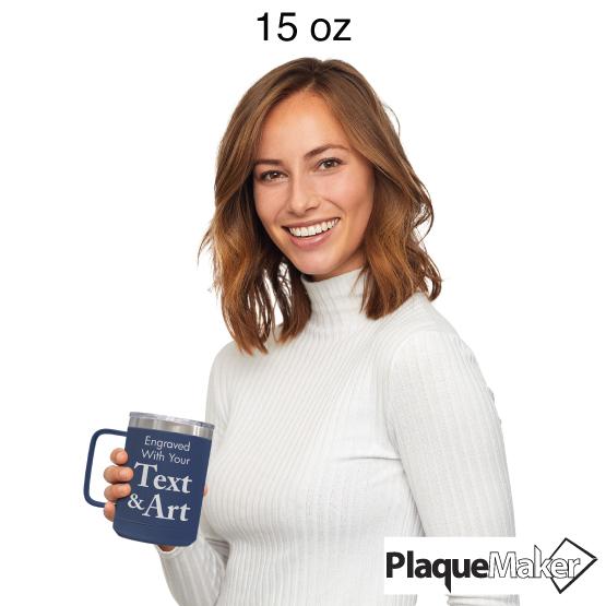 Custom Engraved 15 oz Navy Tumbler Mug Size Guide showing a woman holding the 15 oz size