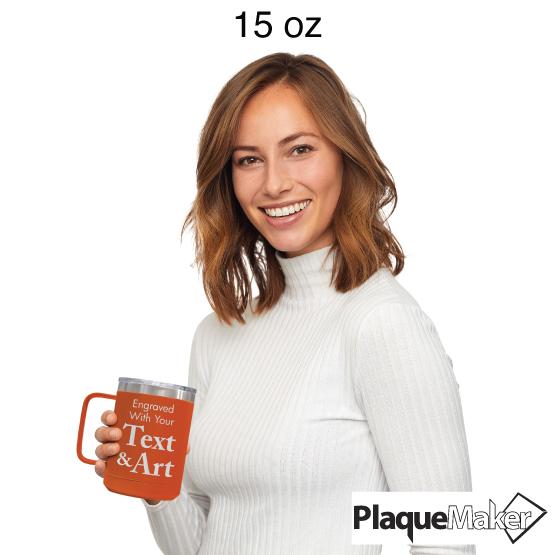 Custom Engraved 15 oz Orange Tumbler Mug Size Guide showing a woman holding the 15 oz size