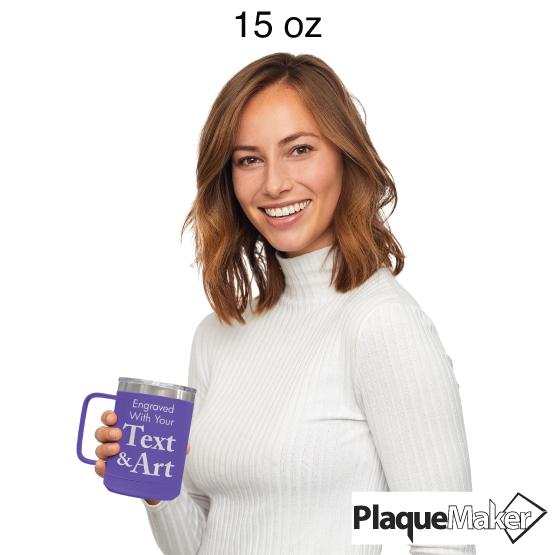 Custom Engraved 15 oz Purple Tumbler Mug Size Guide showing a woman holding the 15 oz size