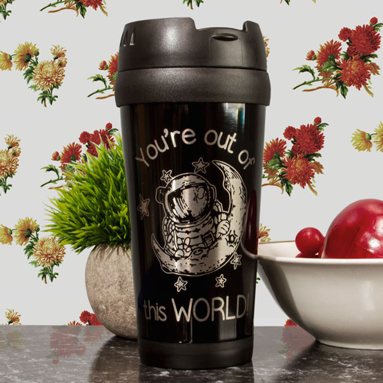 Custom Black Travel Mug on Table