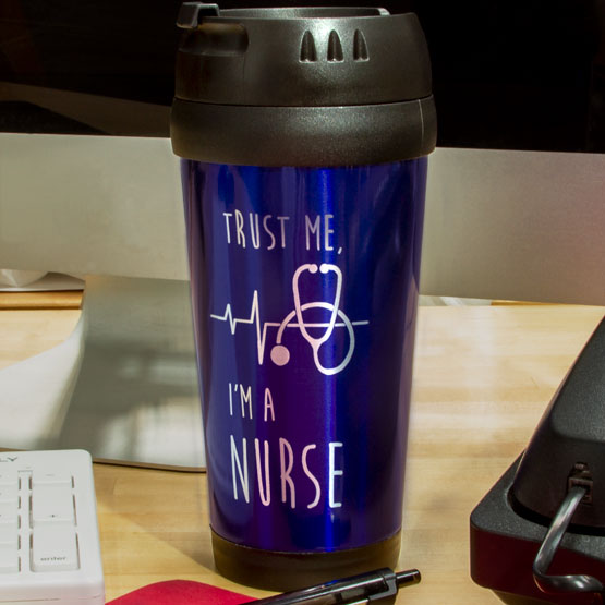 Custom Blue Travel Mug on Desk