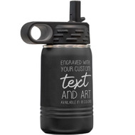 Custom Engraved 12 oz Black Water Bottle with Flip Straw and Your Message and Art or Logo