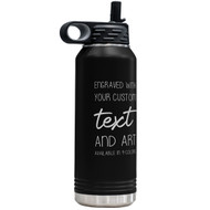 Custom Engraved 32 oz Black Water Bottle with Flip Straw and Your Message and Art or Logo