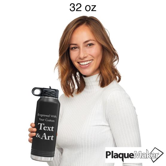 Custom Engraved 32 oz Black Water Bottle Size Guide showing a woman holding 32 oz size