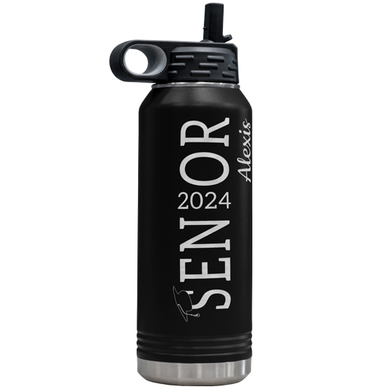 Custom Engraved Black Senior Water Bottle with Personalized Name and Year