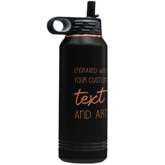 Custom Engraved Black And Rose Gold 32 Oz Water Bottle With Your Text And Art