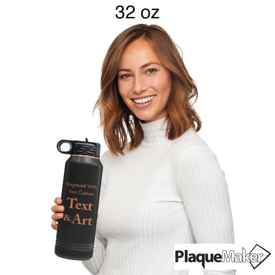 Woman Holding A 32 Oz Black With Gold Water Bottle To Show Size