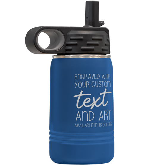 Custom Engraved 12 oz Blue Water Bottle with Flip Straw and Your Message and Art or Logo