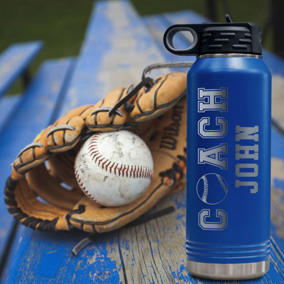 Coach Blue Water Bottle on Table