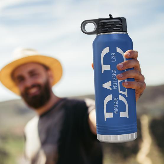 Custom Engraved Dad Water Bottle Gift With Childrens Names On Blue Water Bottle