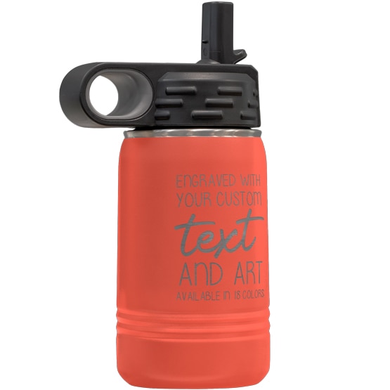 Custom Engraved 12 oz Coral Water Bottle with Flip Straw and Your Message and Art or Logo