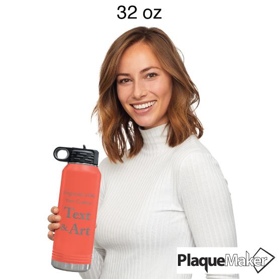 Custom Engraved 32 oz Coral Water Bottle Size Guide showing a woman holding 32 oz size