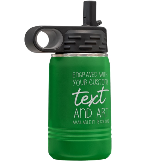 Custom Engraved 12 oz Green Water Bottle with Flip Straw and Your Message and Art or Logo