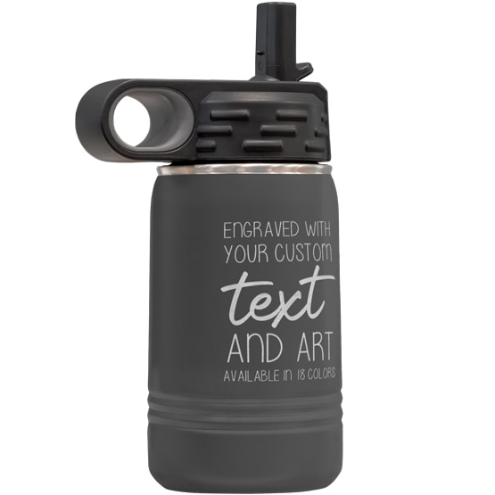 Custom Engraved 12 oz Gray Water Bottle with Flip Straw and Your Message and Art or Logo