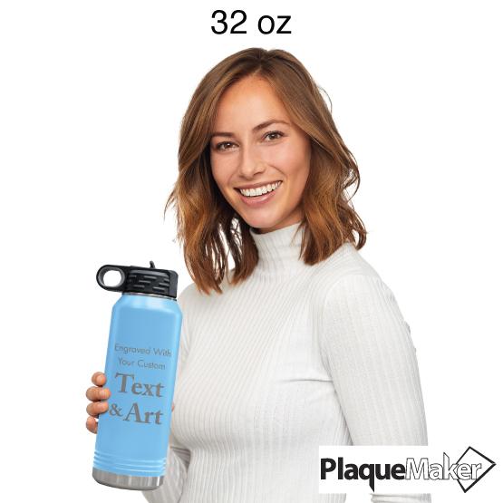 Custom Engraved 32 oz Light Blue Water Bottle Size Guide showing a woman holding 32 oz size