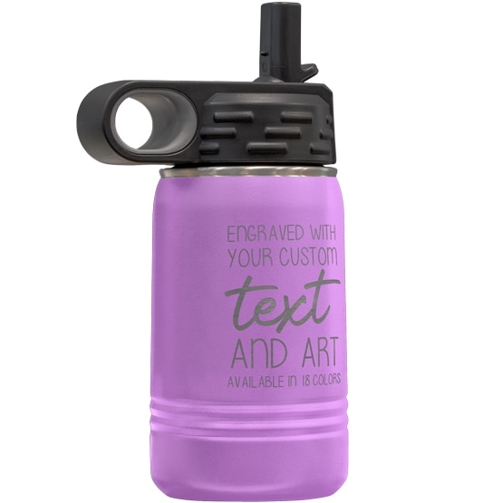 Custom Engraved 12 oz Light Purple Water Bottle with Flip Straw and Your Message and Art or Logo